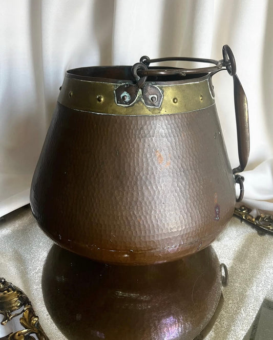 Antique Hammered Copper Cauldron Kettle with Brass Details