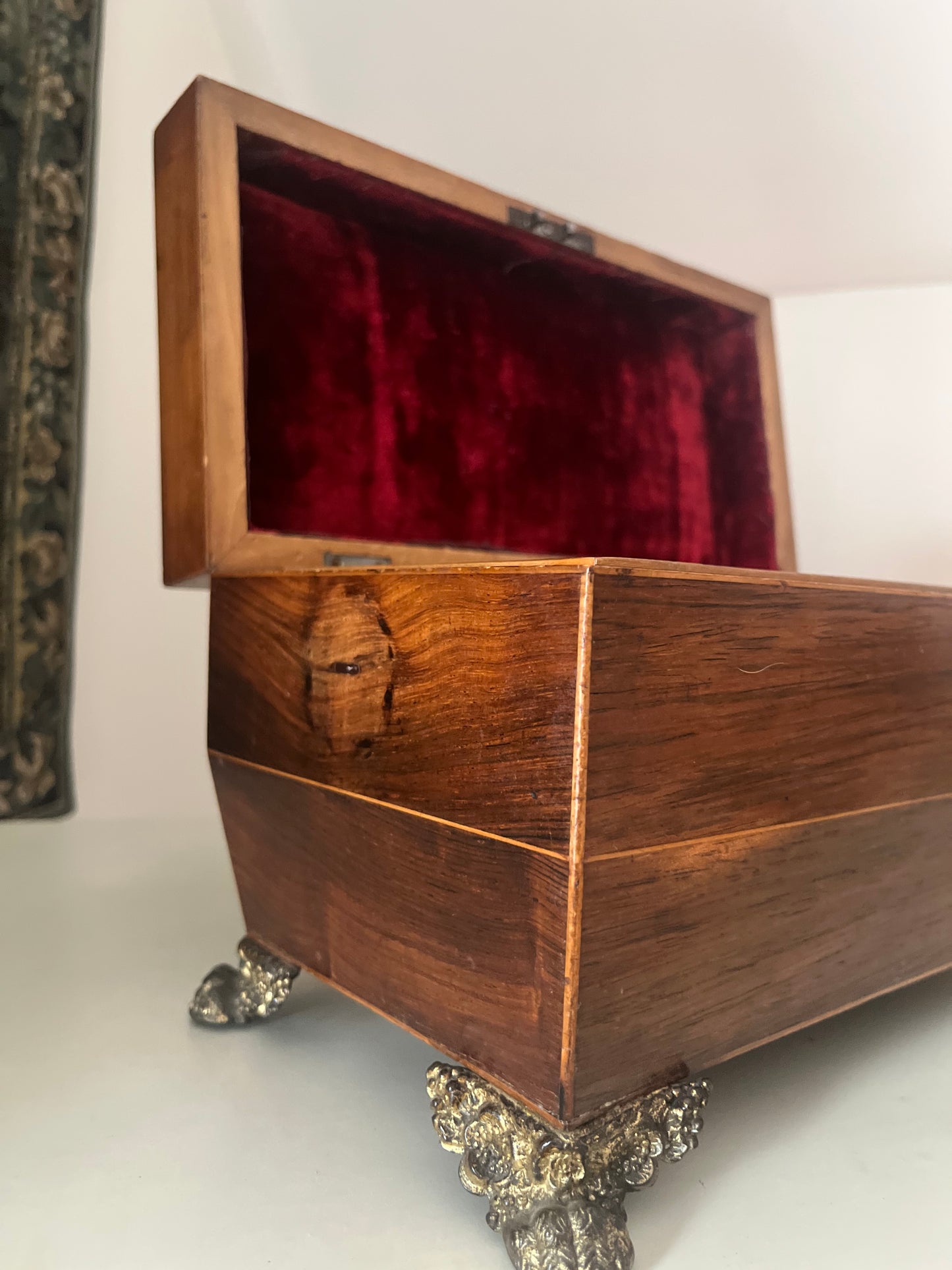 Antique Sarcophagus Shaped Tea Caddy with Lion Paw Feet And Red Velvet Interior.