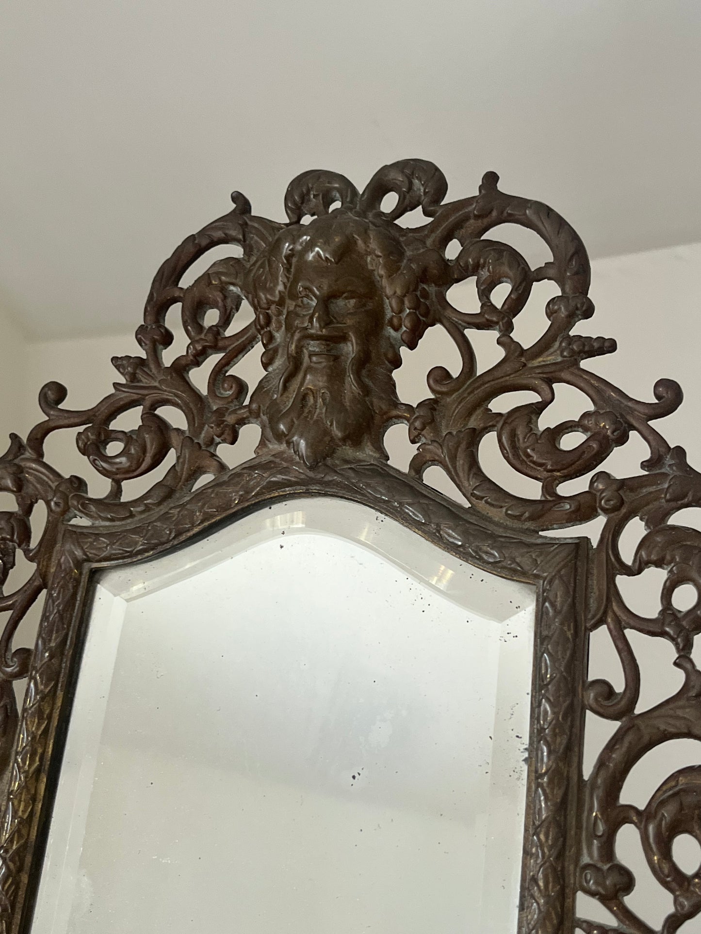 Antique Ornate 19th C. Gilt Cast Iron “Green Man” Easel Back Victorian Mirror.
