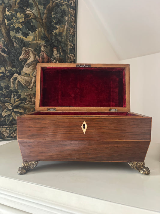 Antique Sarcophagus Shaped Tea Caddy with Lion Paw Feet And Red Velvet Interior.