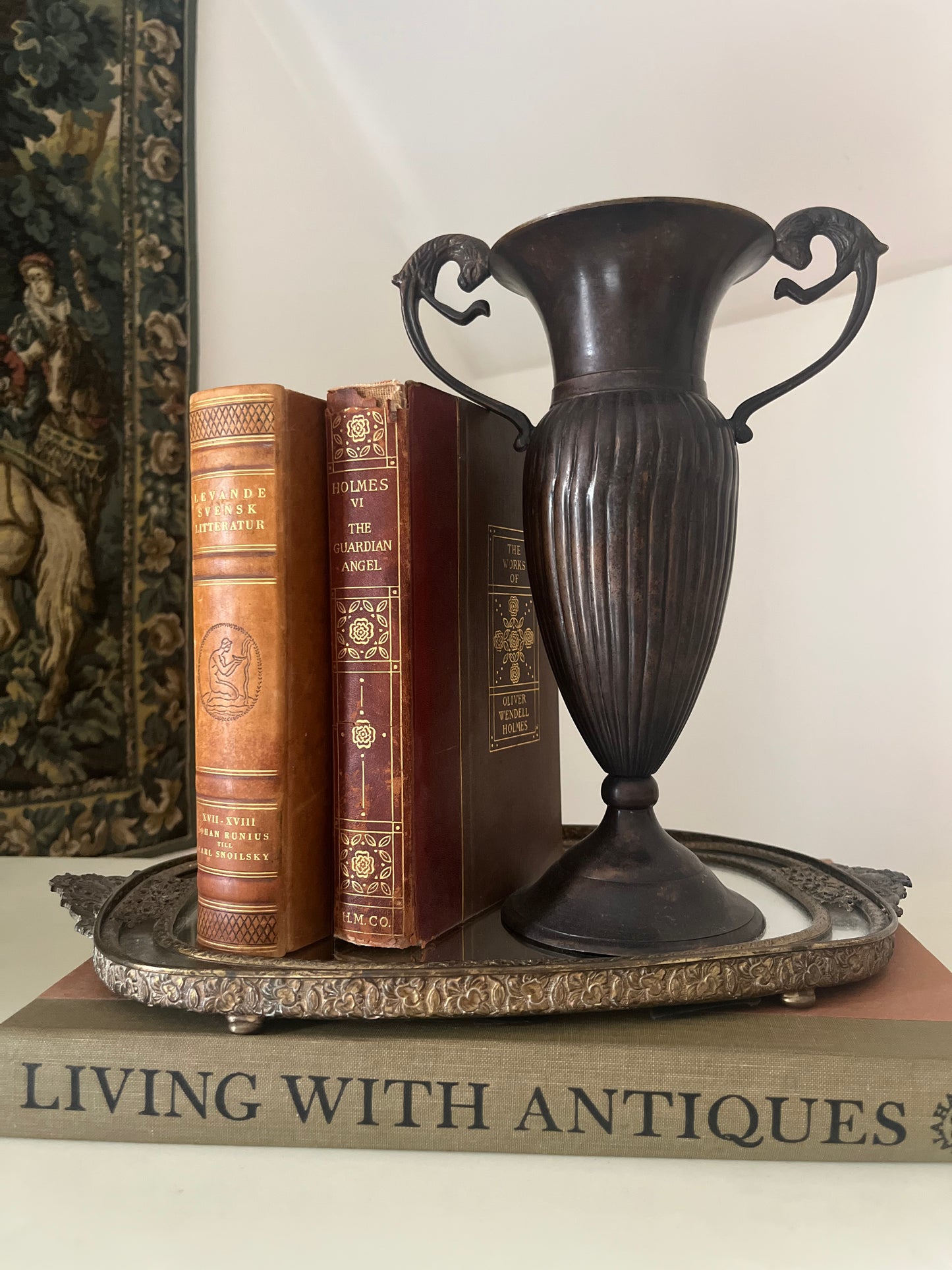 Vintage Bronze Urn Vase with Lion Handles Ribbed Details