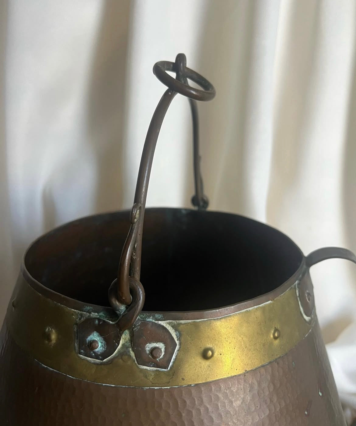 Antique Hammered Copper Cauldron Kettle with Brass Details