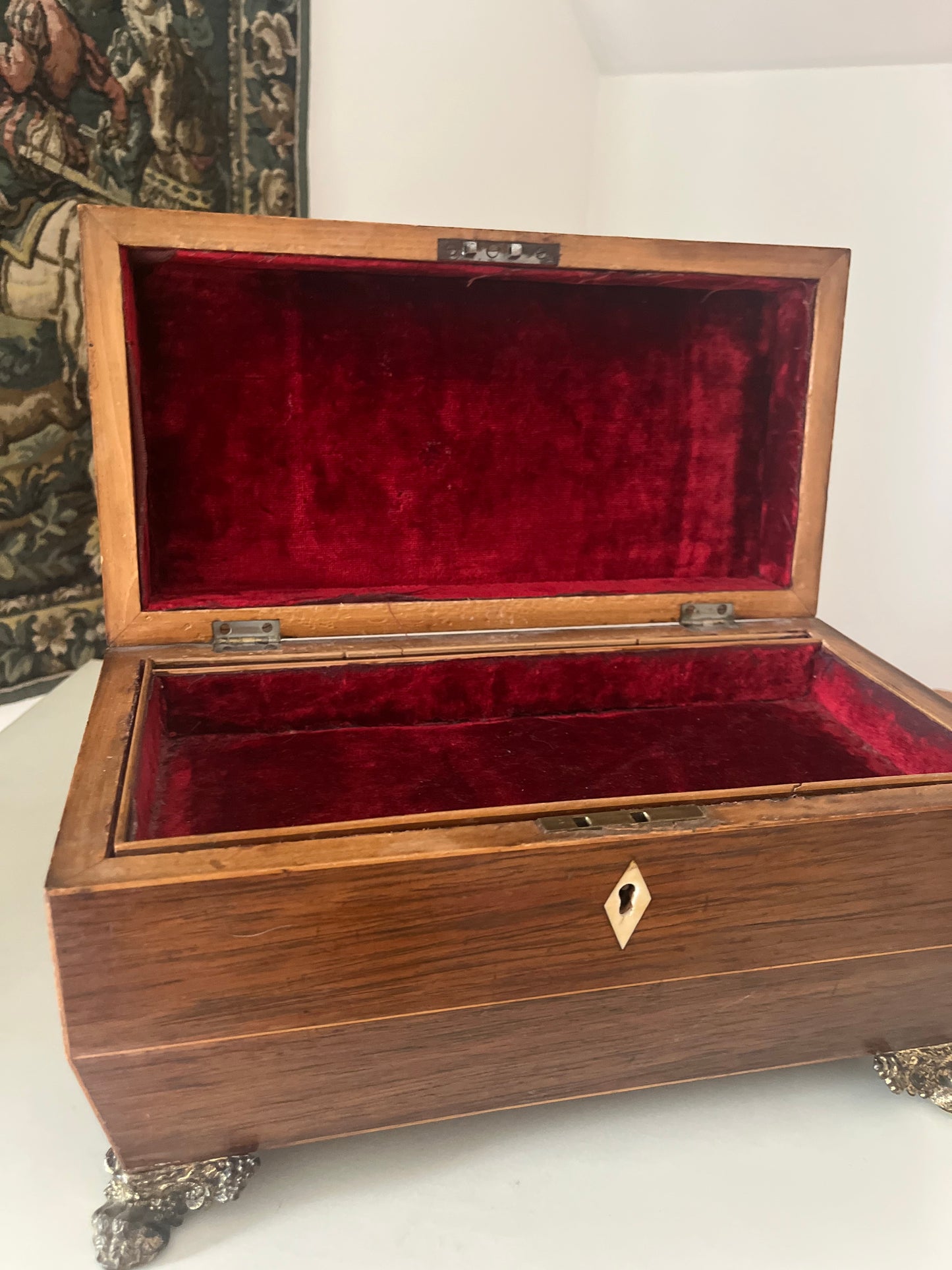 Antique Sarcophagus Shaped Tea Caddy with Lion Paw Feet And Red Velvet Interior.