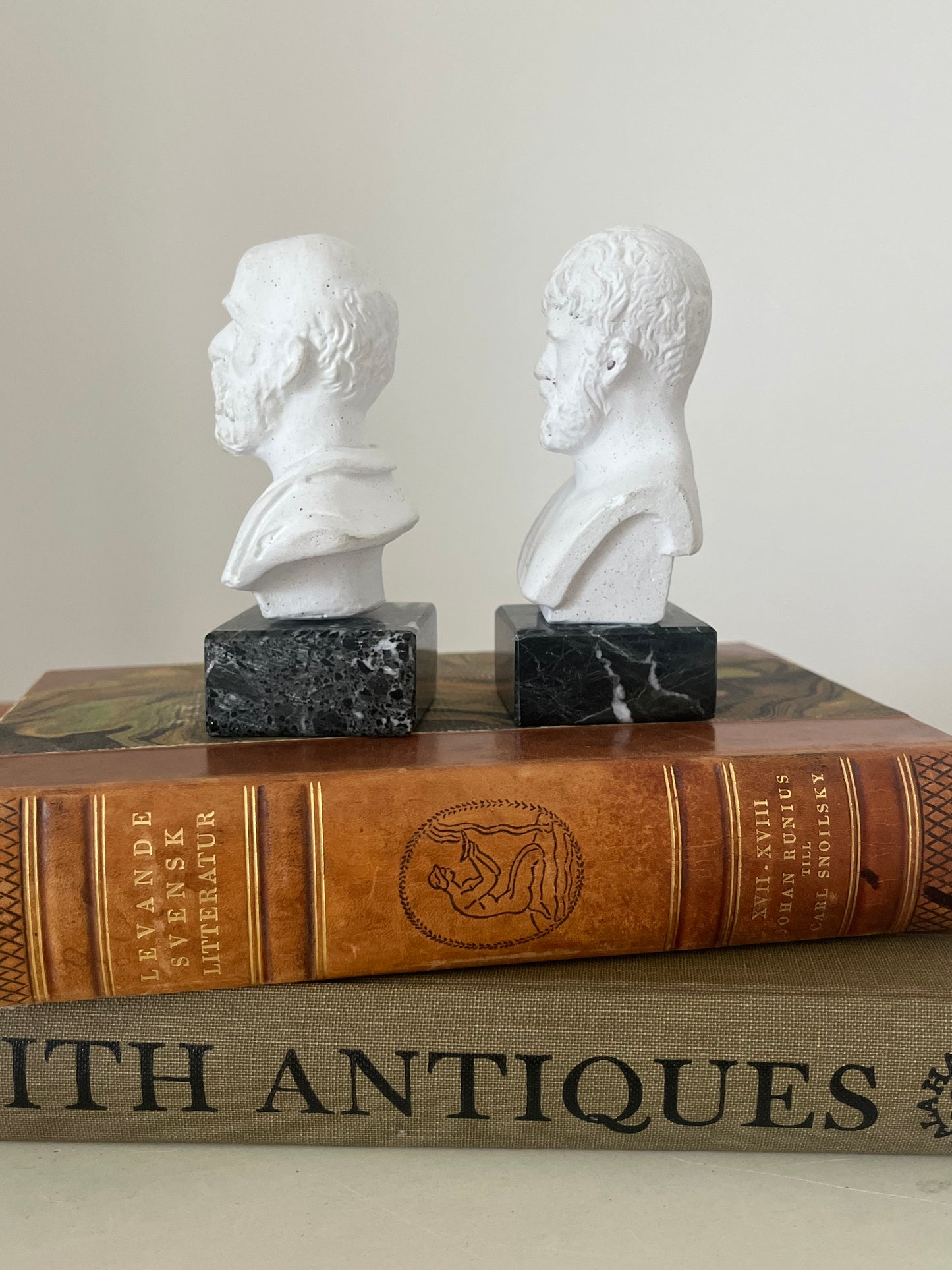 Vintage Socrates &amp; Aristotle Greek Philosopher Mini Bust Statues on Green Marble Bases.