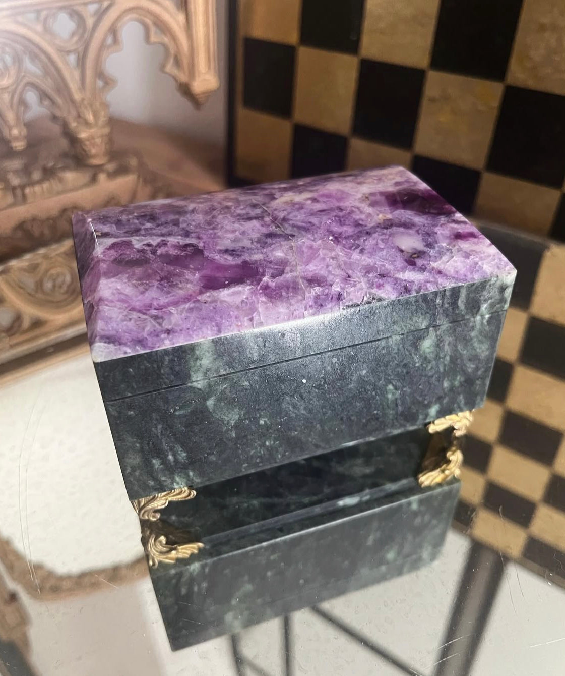 Vintage Russian Stone Casket with Green Marble Exterior, Amethyst Stone top, Bronze hinges and feet with Black Velvet interior.