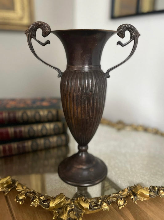 Vintage Bronze Urn Vase with Lion Handles Ribbed Details