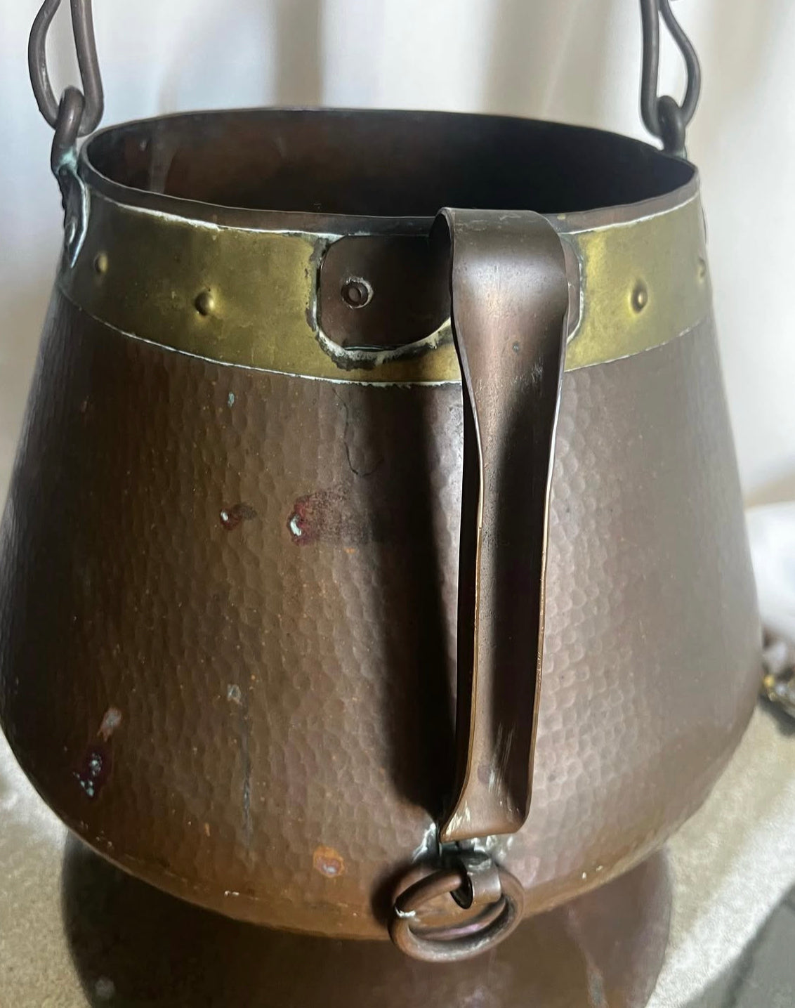 Antique Hammered Copper Cauldron Kettle with Brass Details