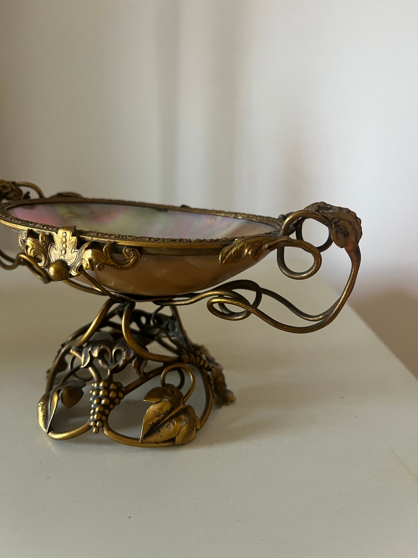 Antique French Ormolu Mother of Pearl Vanity Ring Trinket Holder