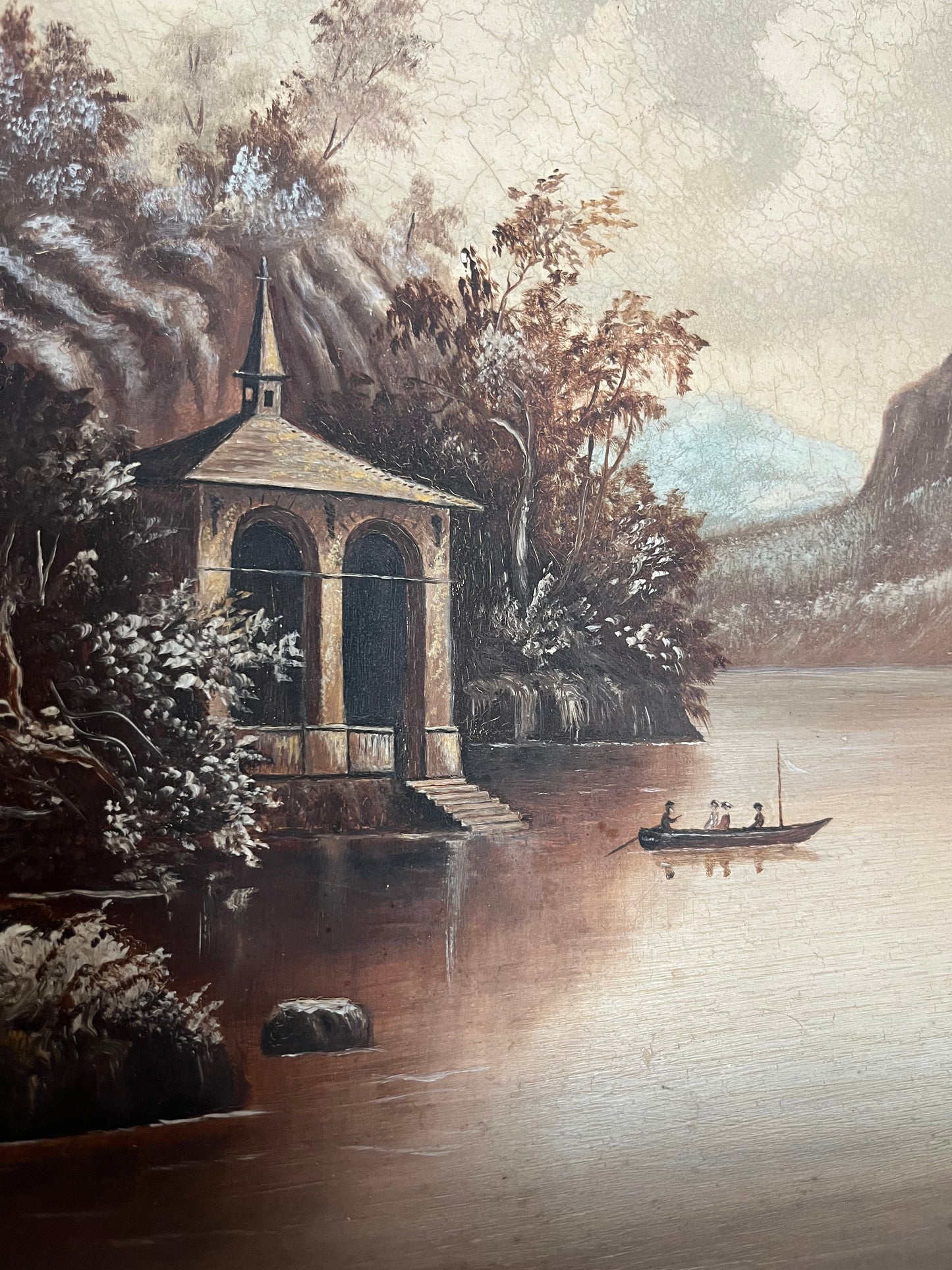 Antique Diorama Oil Landscape Painting on a concave plaster.