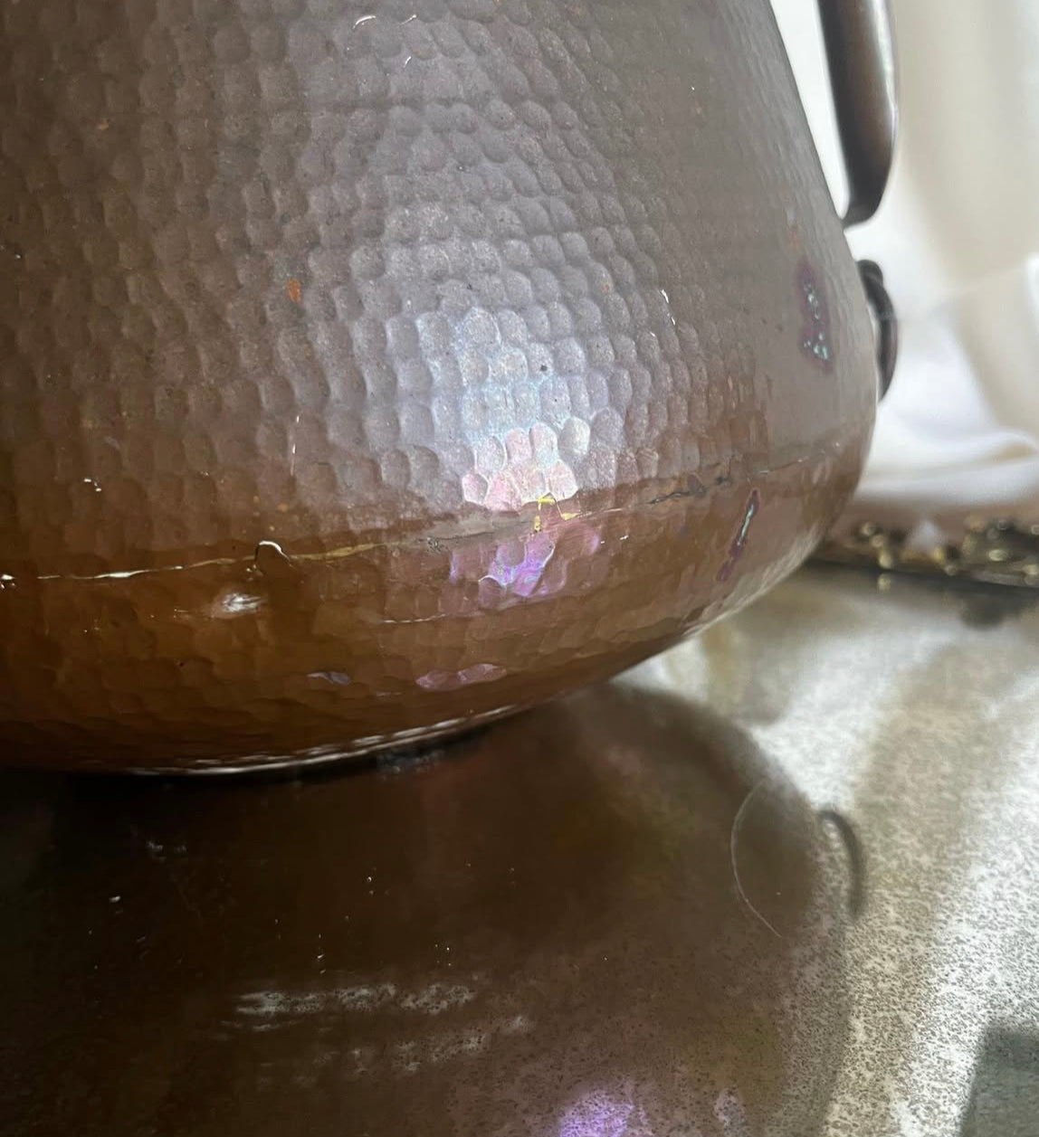 Antique Hammered Copper Cauldron Kettle with Brass Details