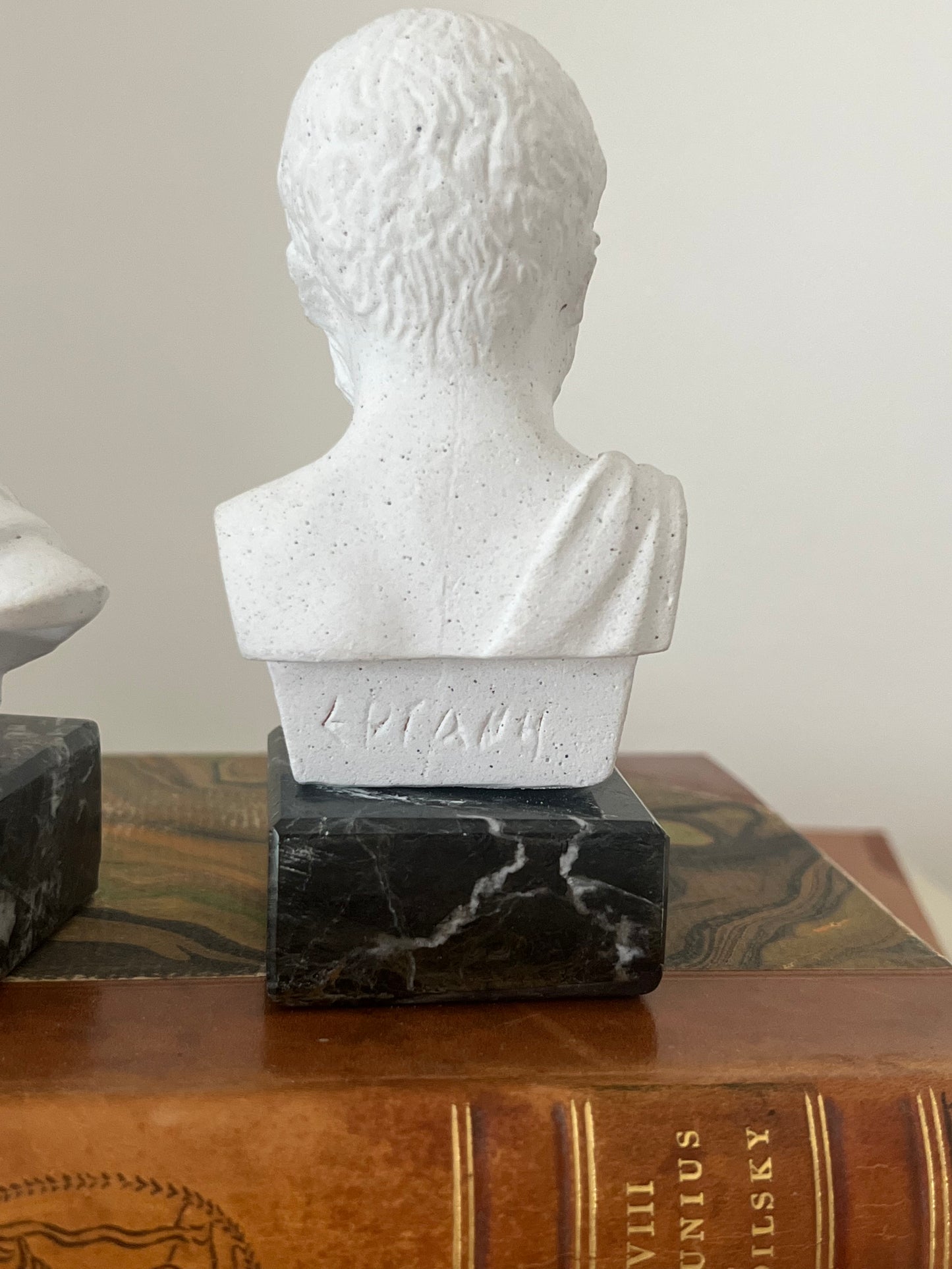 Vintage Socrates &amp; Aristotle Greek Philosopher Mini Bust Statues on Green Marble Bases.