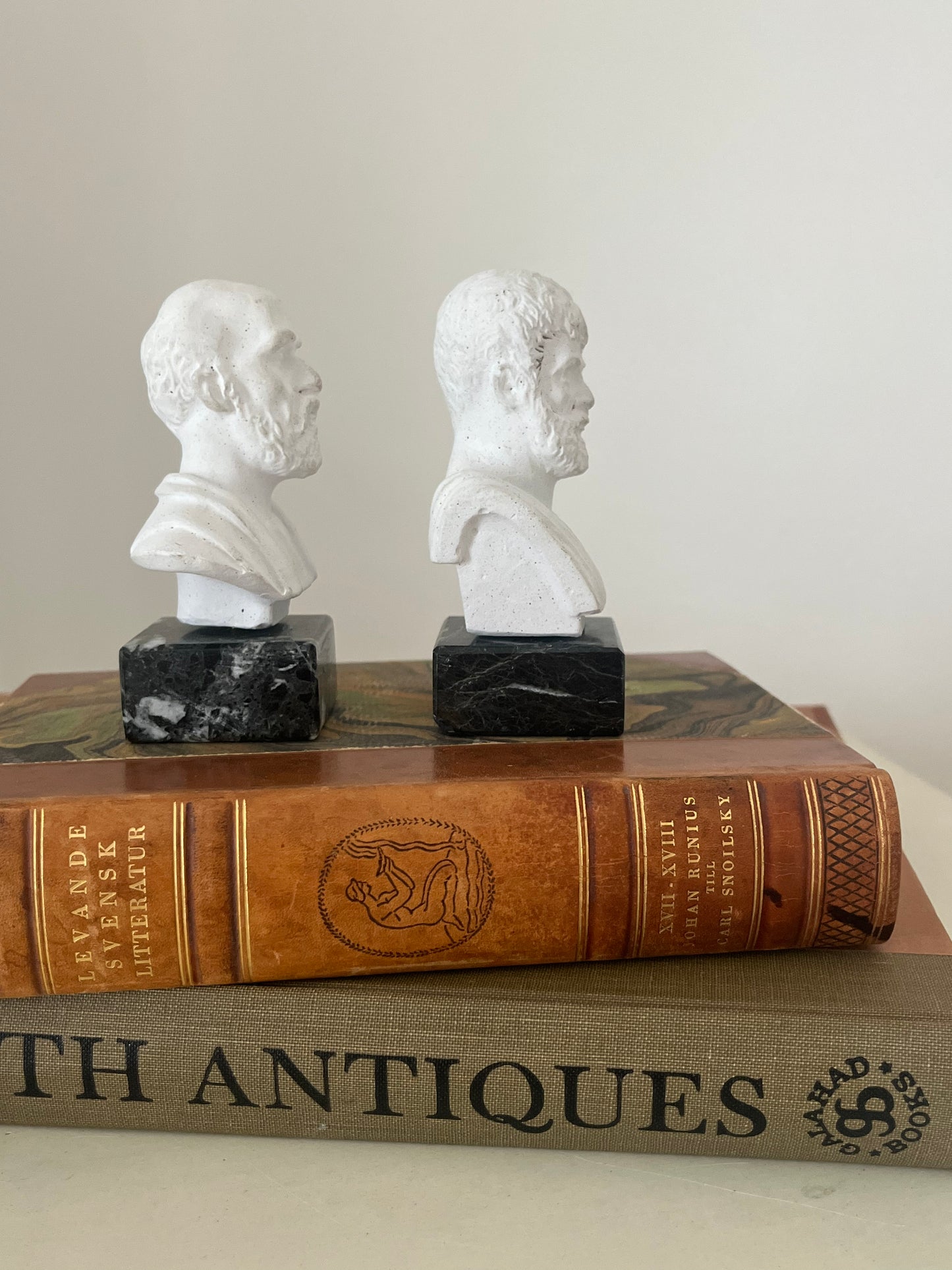 Vintage Socrates &amp; Aristotle Greek Philosopher Mini Bust Statues on Green Marble Bases.