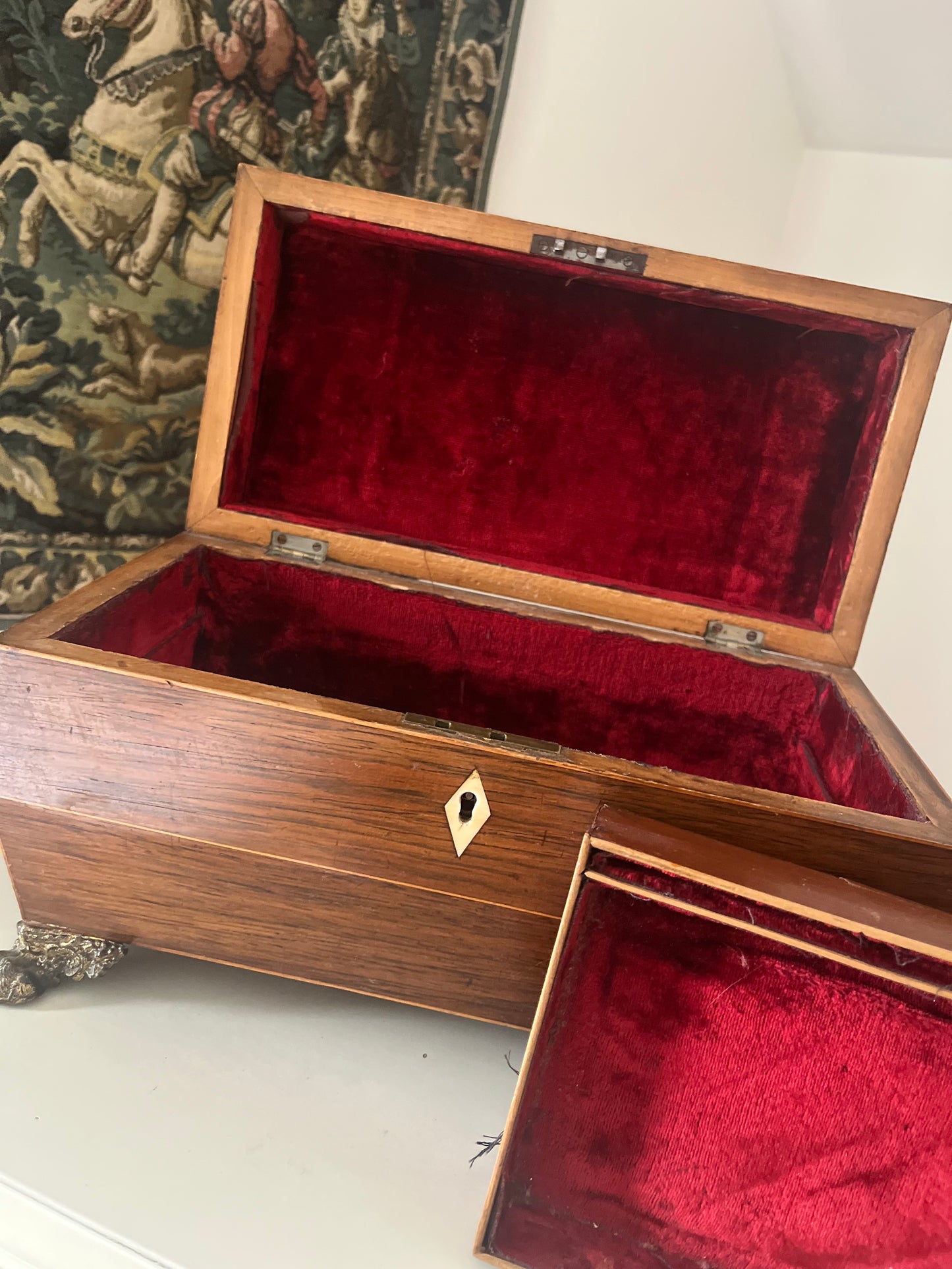 Antique Sarcophagus Shaped Tea Caddy with Lion Paw Feet And Red Velvet Interior.