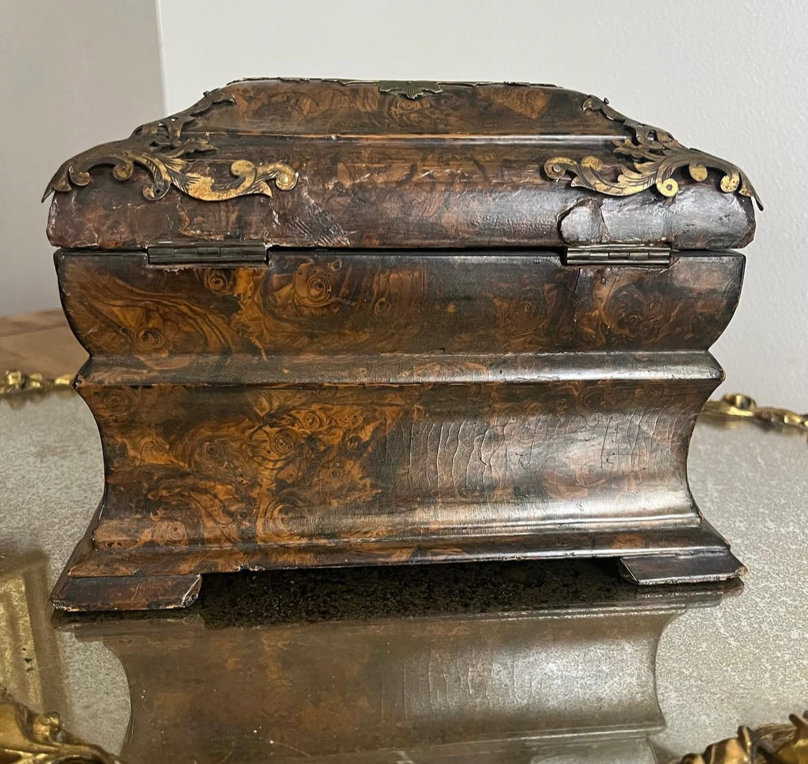 Antique 19th Century Wood Faux Painted Tortoise Shell Tea Caddy with brass accents. No Key. Some wear consistent with age