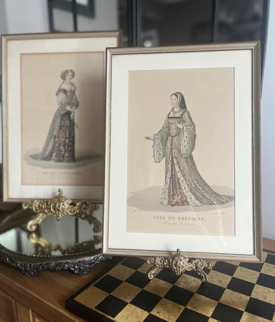 Antique Pair of Hand colored Framed Engravings of Anne of Brittany and Marie-Angelique.