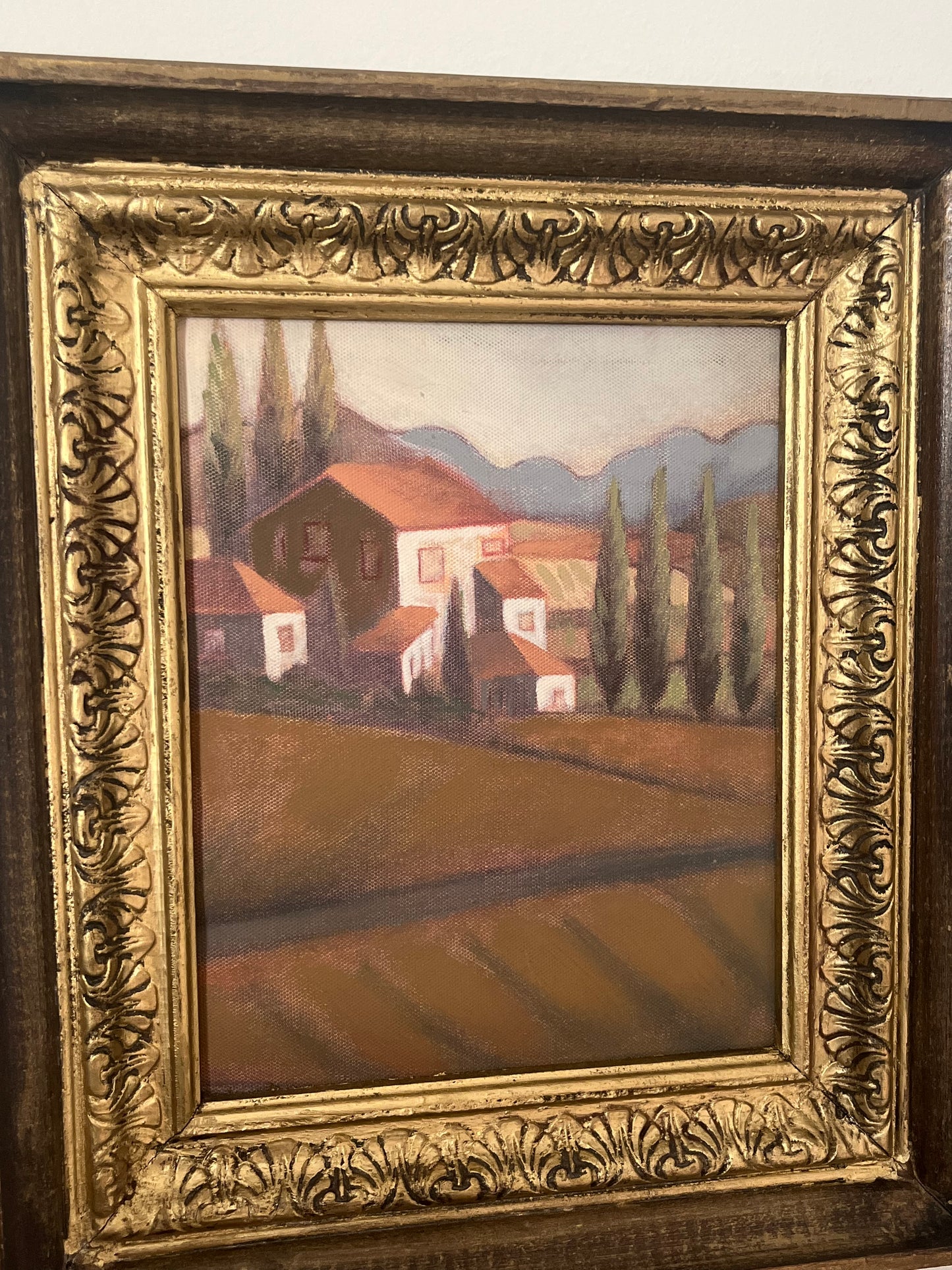 Vintage Tuscan Acrylic Painting with Gold and Wood Frame