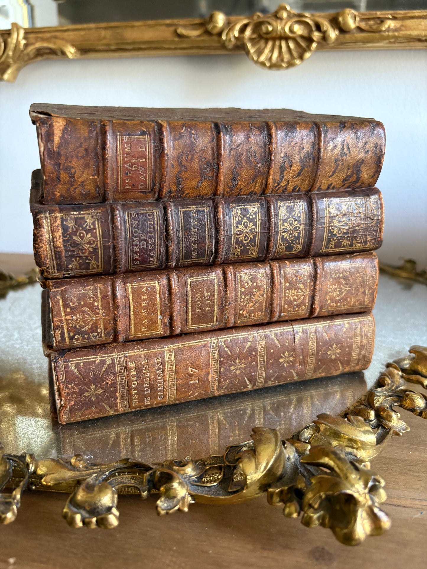 Antique 19th Century French Leather Bound Books Hidden Tantalus Liquor Set with 4 shot glasses.