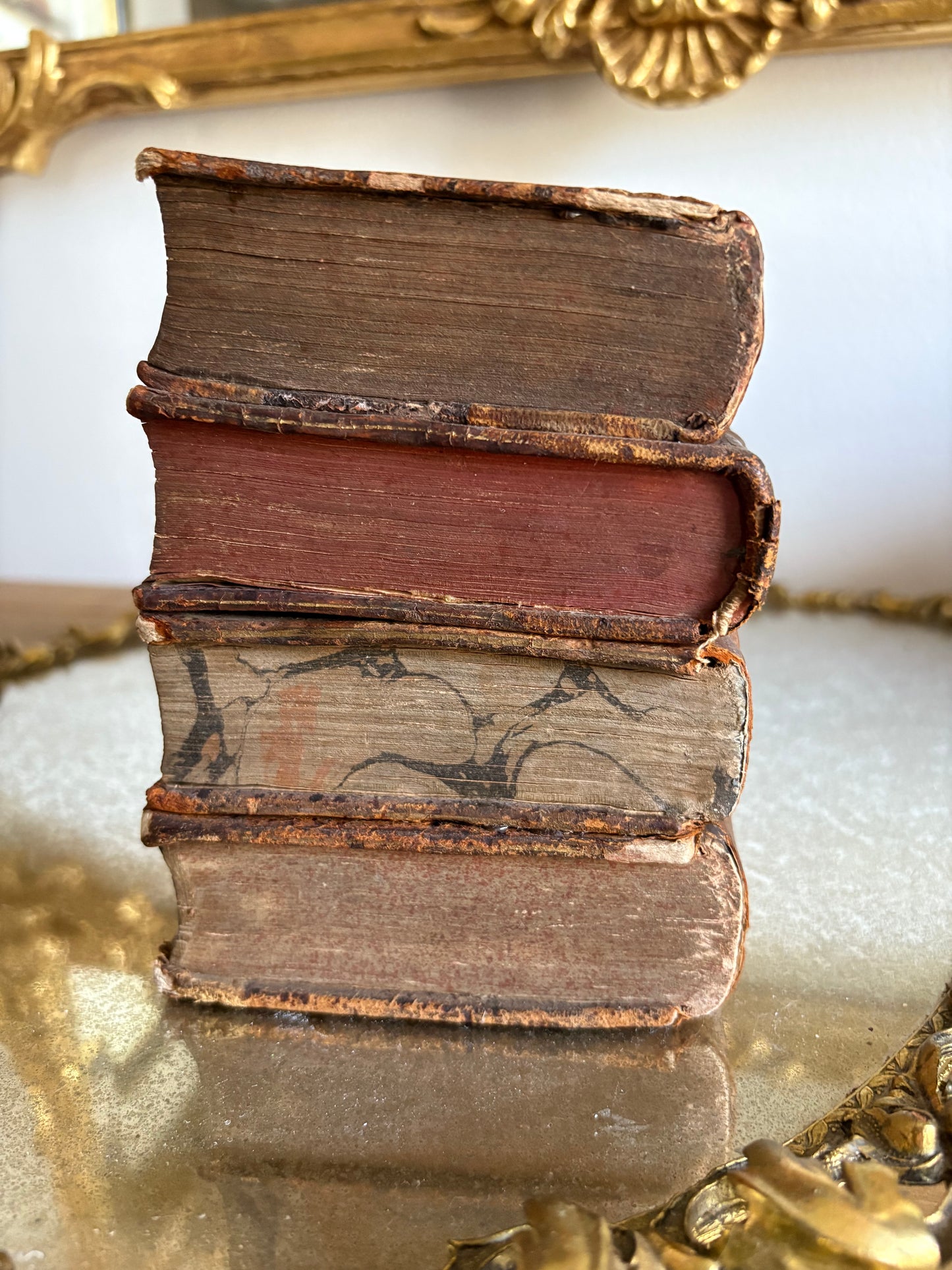Antique 19th Century French Leather Bound Books Hidden Tantalus Liquor Set with 4 shot glasses.