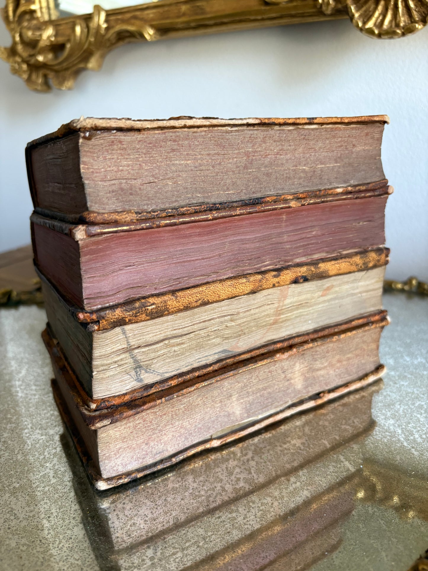 Antique 19th Century French Leather Bound Books Hidden Tantalus Liquor Set with 4 shot glasses.