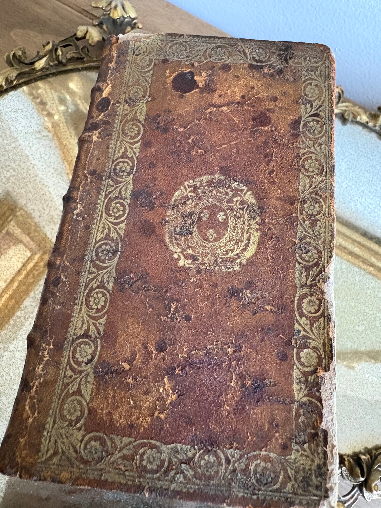 Antique 19th Century French Leather Bound Books Hidden Tantalus Liquor Set with 4 shot glasses.