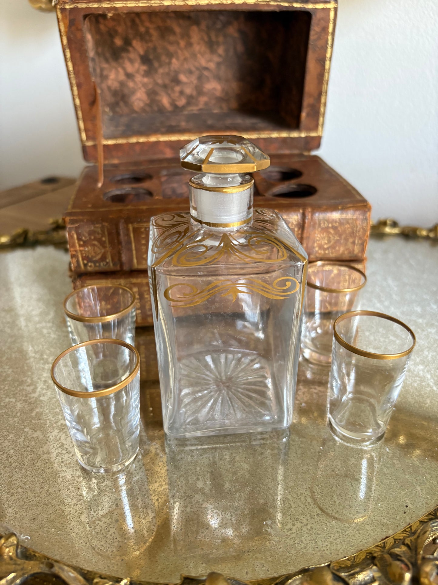 Antique 19th Century French Leather Bound Books Hidden Tantalus Liquor Set with 4 shot glasses.