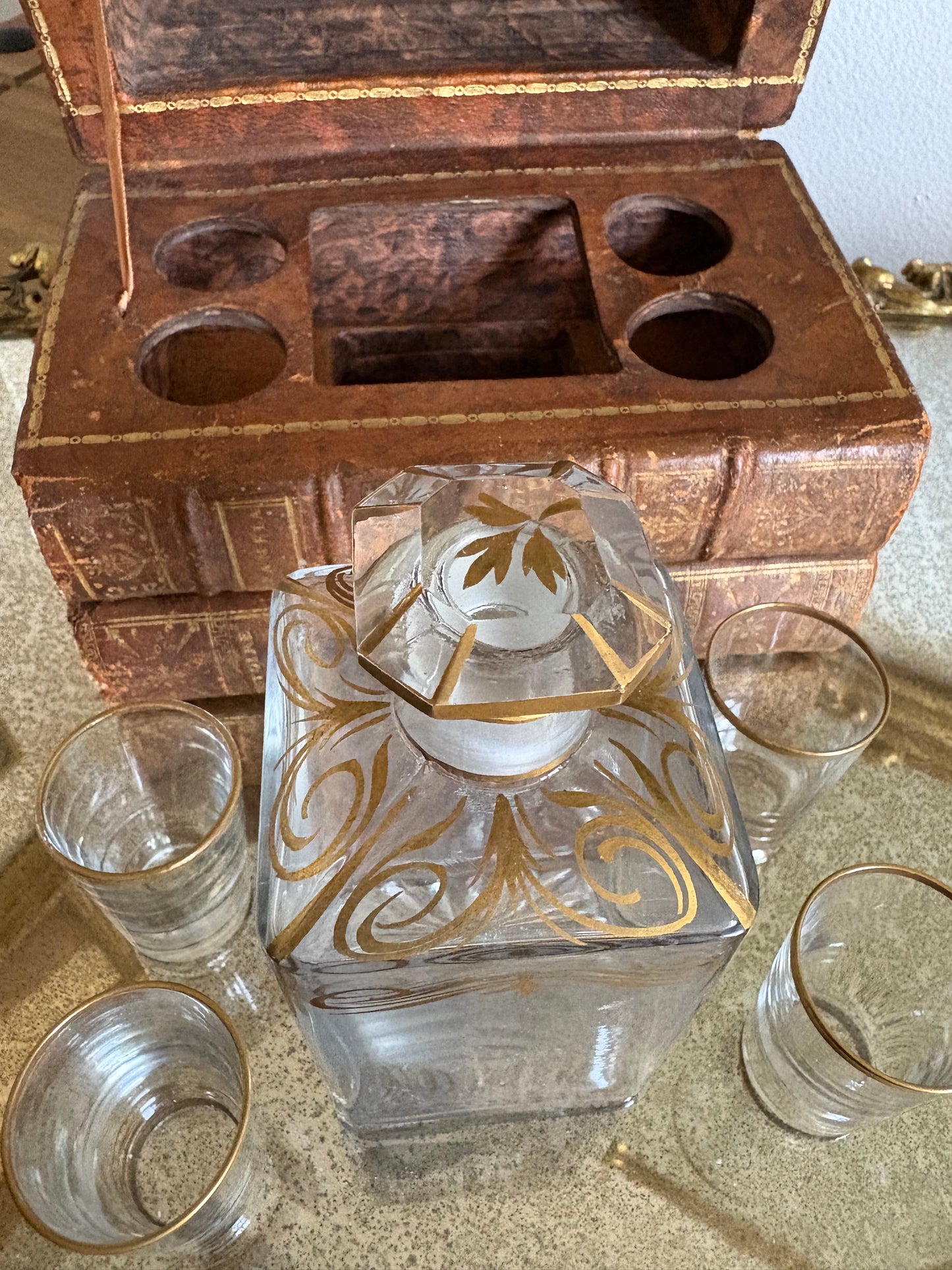 Antique 19th Century French Leather Bound Books Hidden Tantalus Liquor Set with 4 shot glasses.