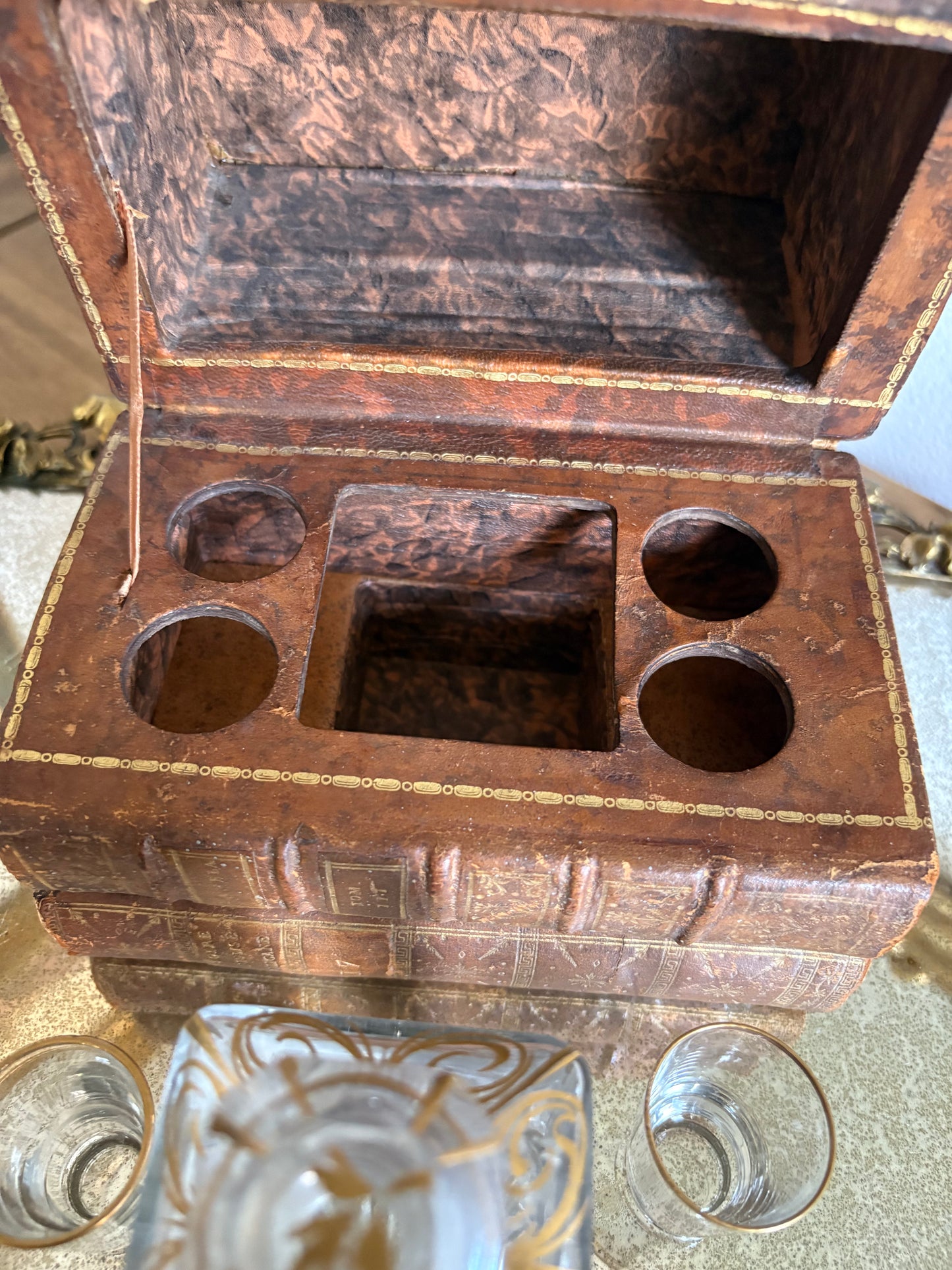 Antique 19th Century French Leather Bound Books Hidden Tantalus Liquor Set with 4 shot glasses.